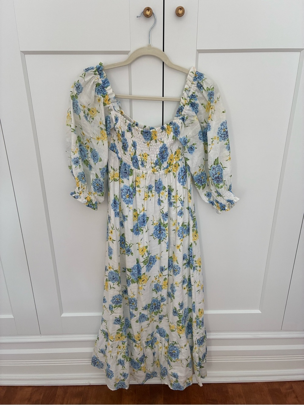 Faithfull the Brand White Maxi Dress with Blue and Yellow Floral Print